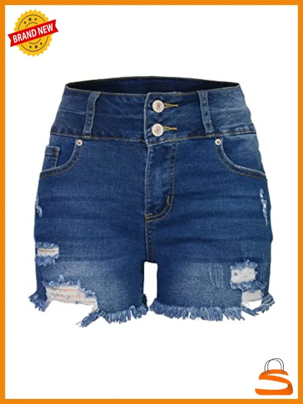 High Waisted Stretchy Mom Jean Shorts with Distressing Frayed Hem Two Buttons